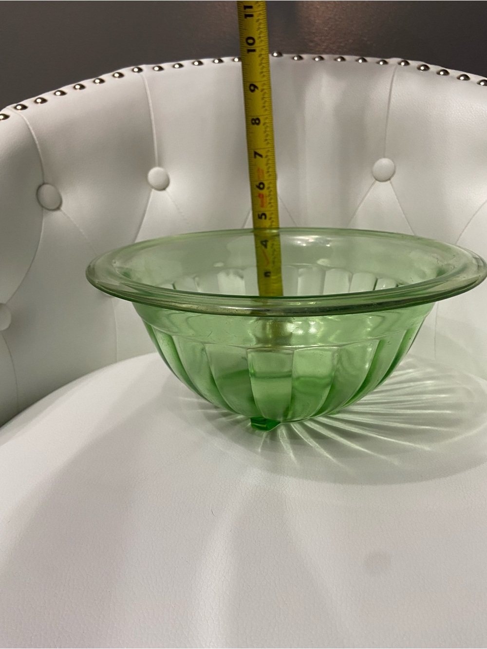 Vtg Hazel Atlas Green Depression Uranium Glass Ribbed Mixing Bowl 4-Footed Base - Picture 15 of 17